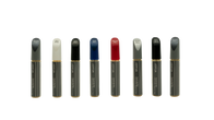 A row of eight sleek, ultra-thin pens is displayed, each featuring a different colored top—white, gray, blue, red, and four in black. They all bear the label "JOWUA" on their glossy black bodies with gold trim that evokes the elegance of Tesla paint. The background remains elegantly simple in white.