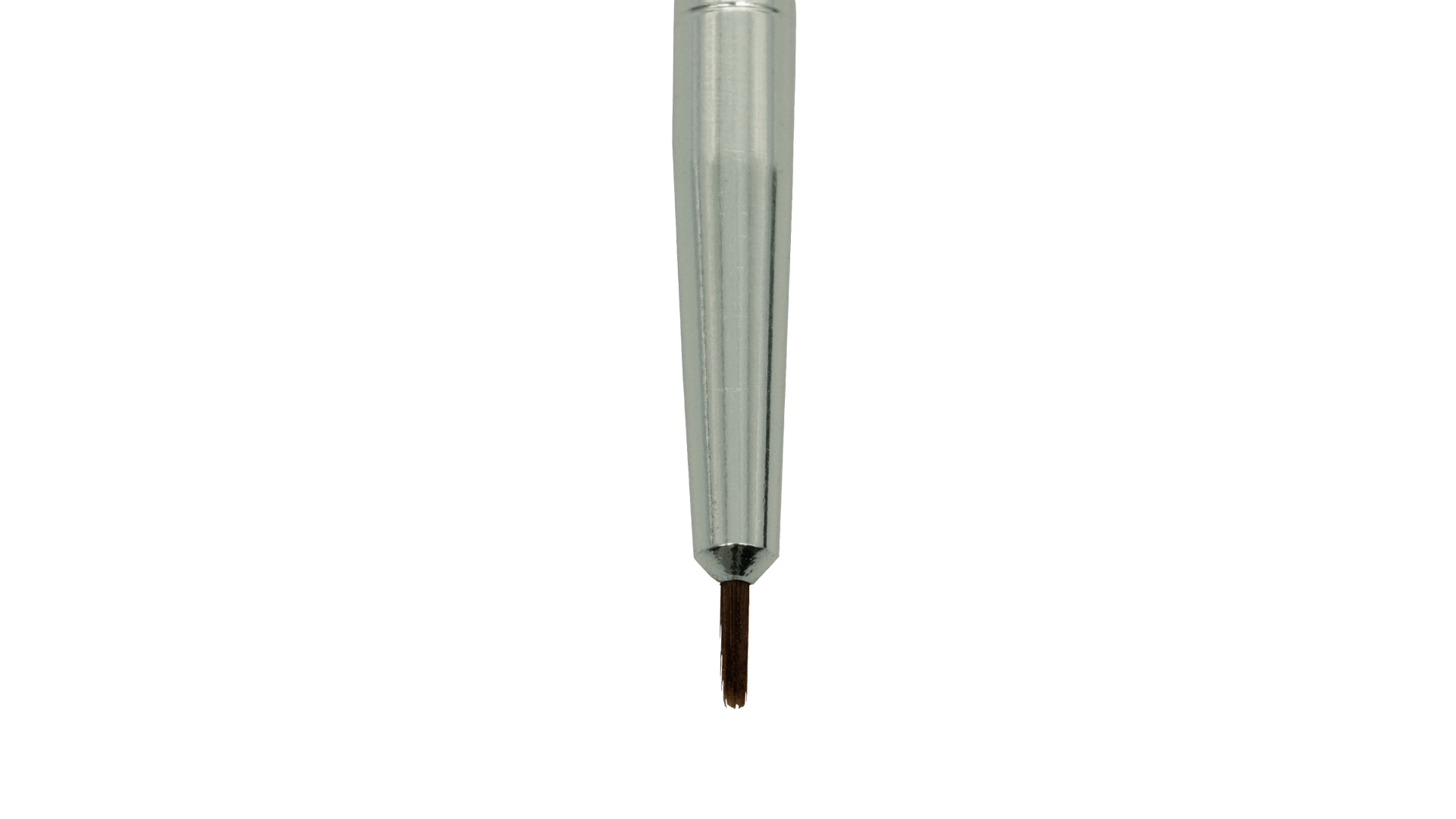 A close-up of a thin JOWUA paintbrush with a silver handle and fine brown bristles, perfect for precise application of Touch-up Paint for Tesla Model S/3/X/Y (2 pieces), shown vertically against a white background.
