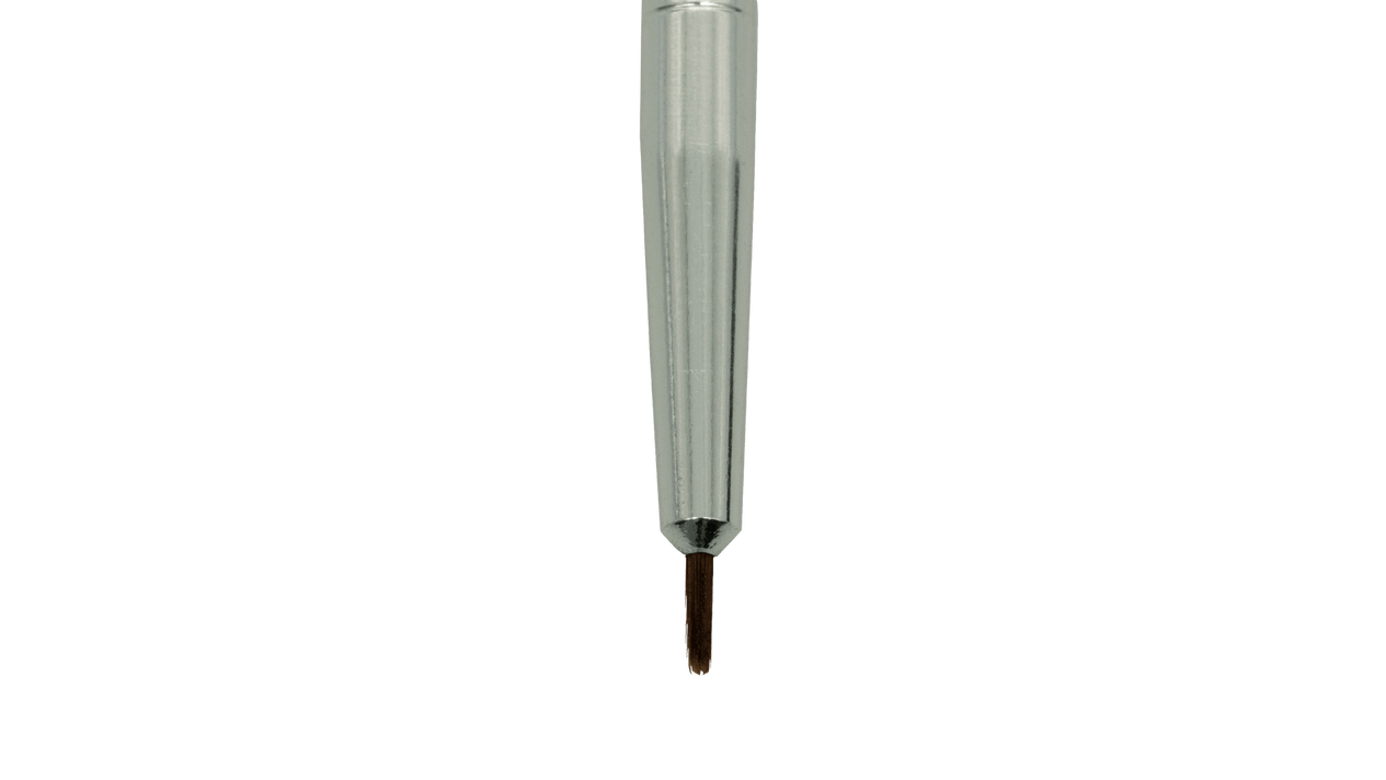 A close-up image highlights the ultra-thin brush included in the JOWUA Touch-up Paint for Tesla Model S/3/X/Y (2 pieces). It features a transparent, ridged plastic handle and fine brown bristles, ideal for covering paint chips. The accessory is positioned vertically against a stark black background.