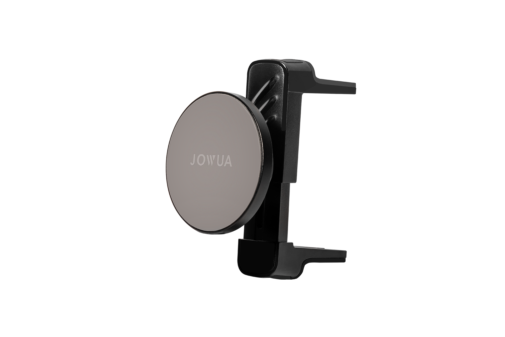 The JOWUA Universal MagSafe Car Mount for Air Vents is a black car phone holder featuring a round gray face and adjustable arms. It offers seamless MagSafe compatibility, making it perfect for secure attachment to your car’s air vent and effortless on-the-go charging.