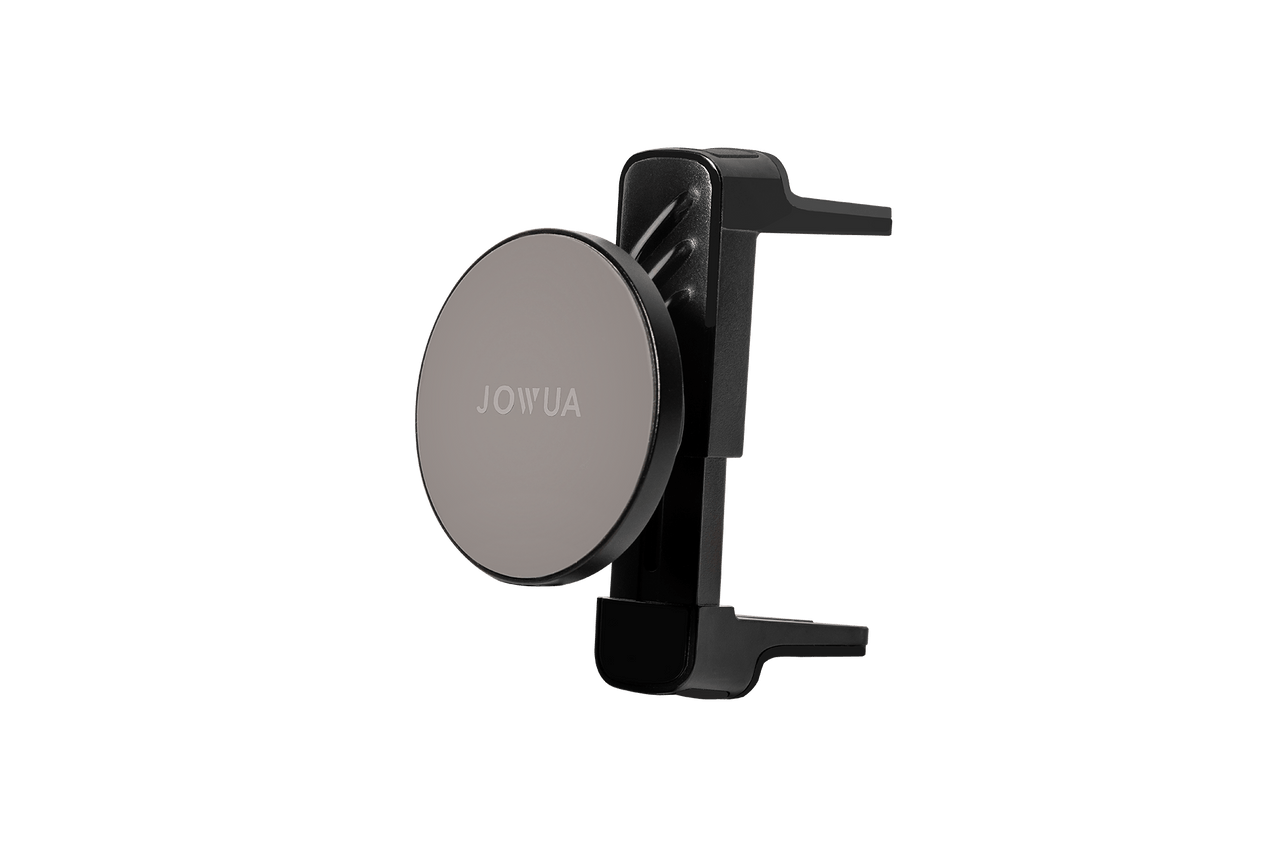 The JOWUA Universal MagSafe Car Mount for Air Vents is a black car phone holder featuring a round gray face and adjustable arms. It offers seamless MagSafe compatibility, making it perfect for secure attachment to your car’s air vent and effortless on-the-go charging.