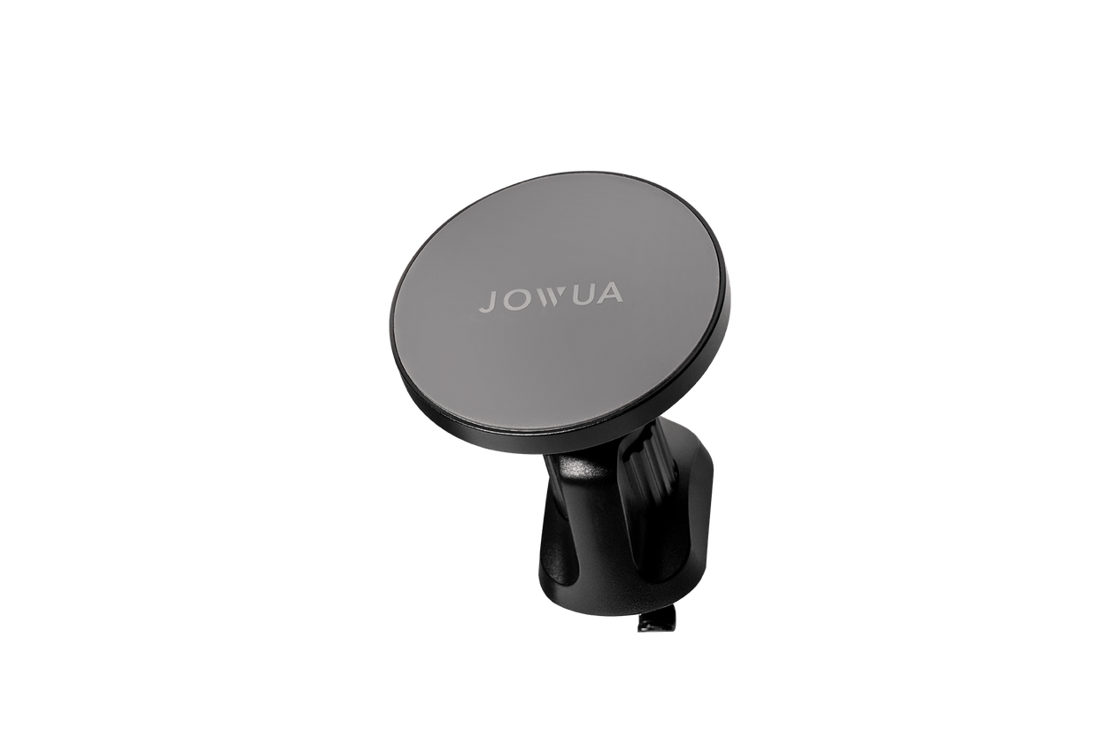 Here is a rewritten sentence using the given product data:A black and silver Universal MagSafe Car Mount for Air Vents featuring the brand name "JOWUA" on its round face. It includes an adjustable base for securing onto surfaces and supports MagSafe compatibility for seamless connectivity.