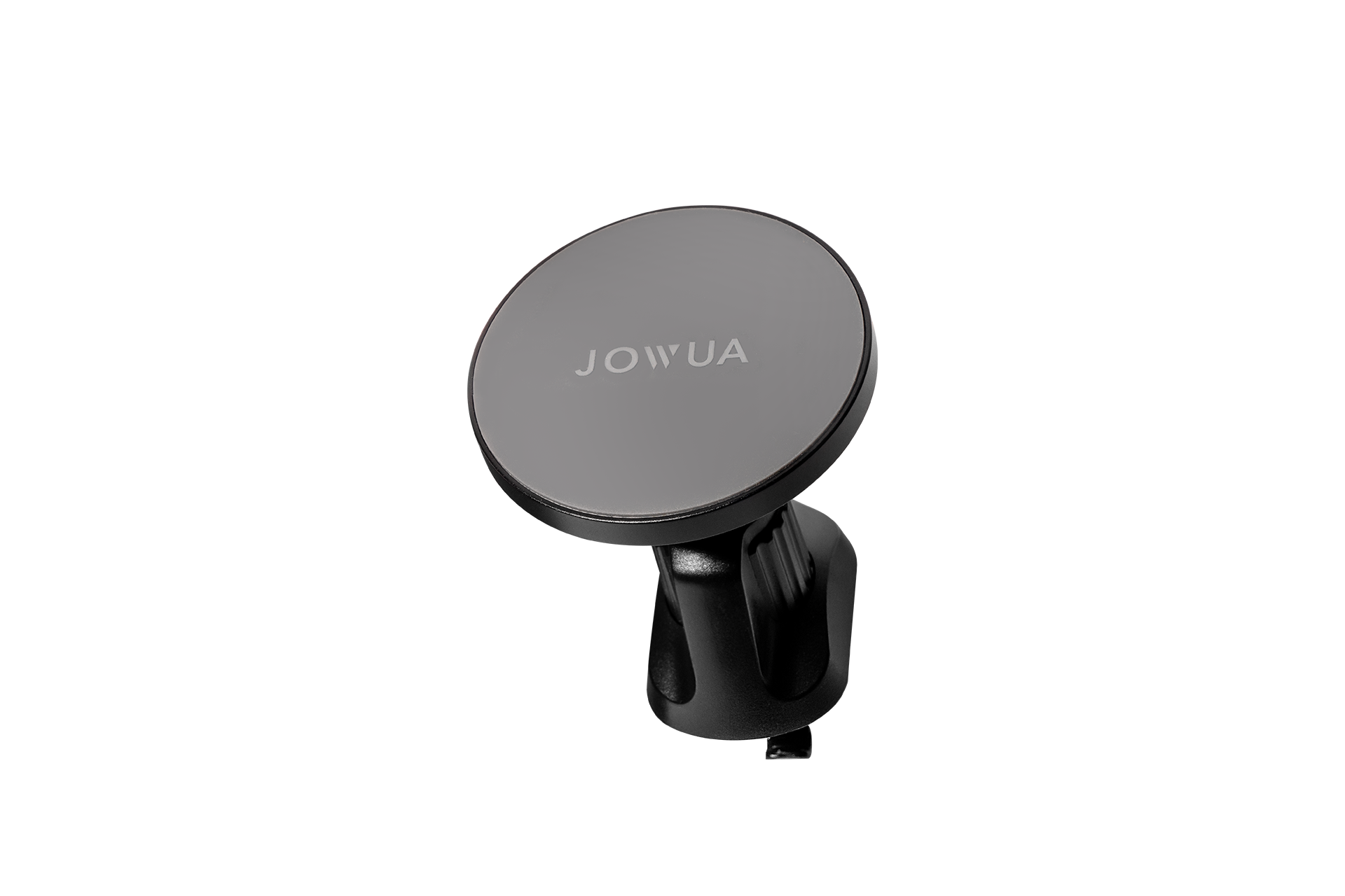 Here is a rewritten sentence using the given product data:A black and silver Universal MagSafe Car Mount for Air Vents featuring the brand name "JOWUA" on its round face. It includes an adjustable base for securing onto surfaces and supports MagSafe compatibility for seamless connectivity.