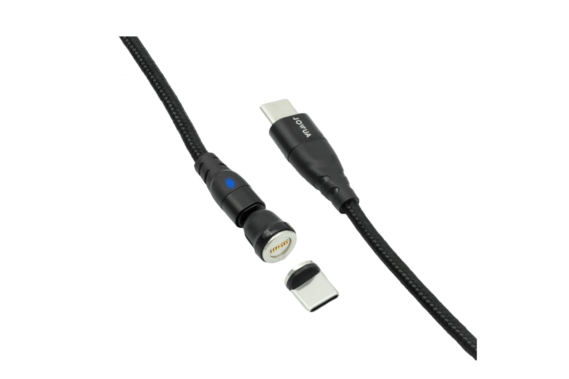 The JOWUA Magnetic Charging Cable USB-C to USB-C (1M-1.8M) is displayed in a sleek black design, featuring a fast charging capability with its detachable magnetic cable connector tip. Its braided exterior and small blue indicator light near the magnetic end provide an elegant touch, making it a perfect accessory for the Tesla Model 3.