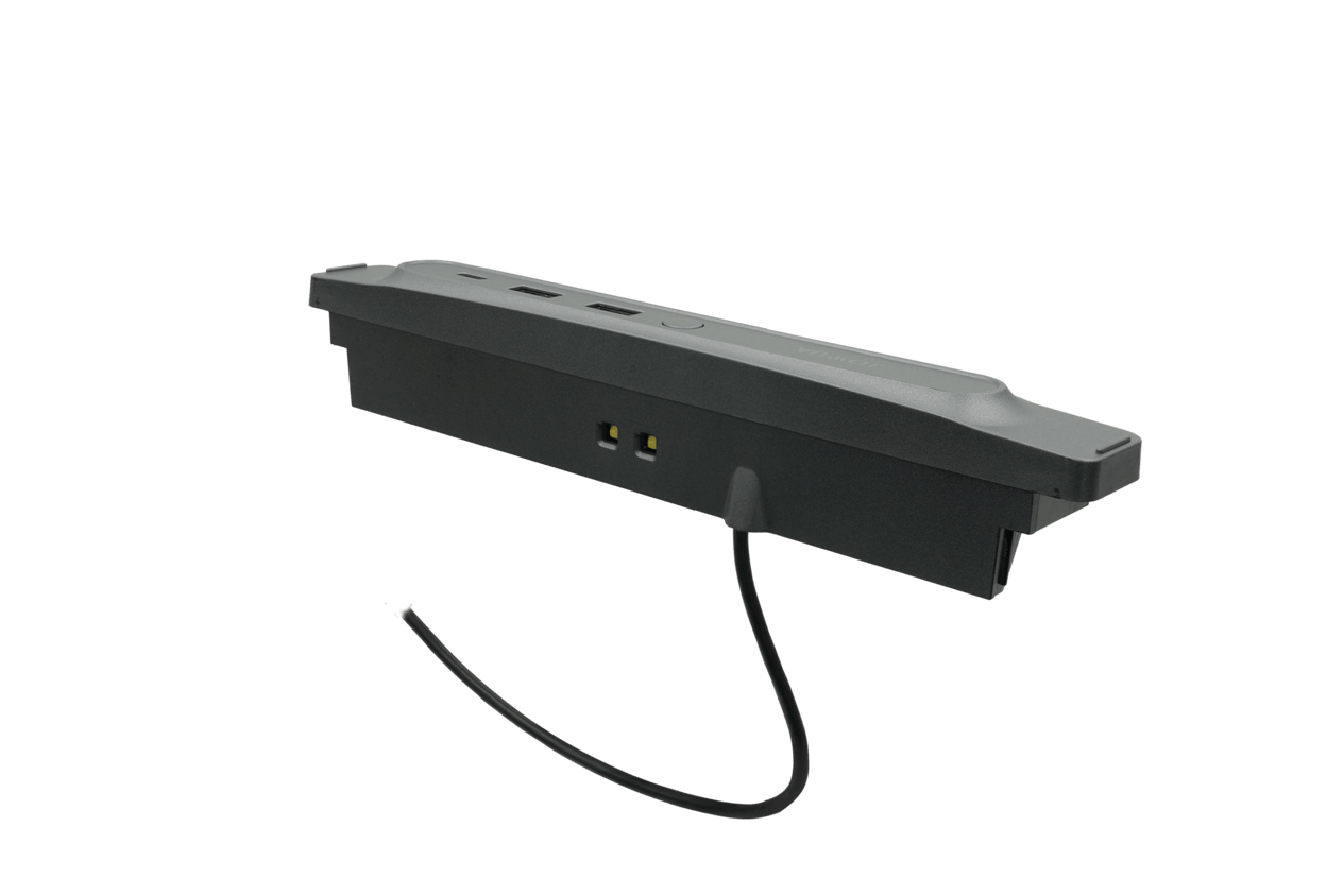 Introducing the JOWUA USB Hub Bar Mini, a modern and functional accessory designed specifically for Tesla Model 3 and Model Y. This sleek black device features a rectangular shape with dual Type A & C USB ports on the front, along with an LED light and a cable extending from the bottom. Boasting waterproof technology and a smooth finish, this 36W hub is both stylish and practical.