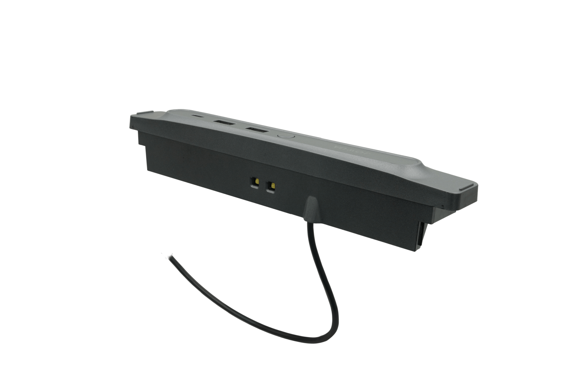 Introducing the JOWUA USB Hub Bar Mini, a modern and functional accessory designed specifically for Tesla Model 3 and Model Y. This sleek black device features a rectangular shape with dual Type A & C USB ports on the front, along with an LED light and a cable extending from the bottom. Boasting waterproof technology and a smooth finish, this 36W hub is both stylish and practical.