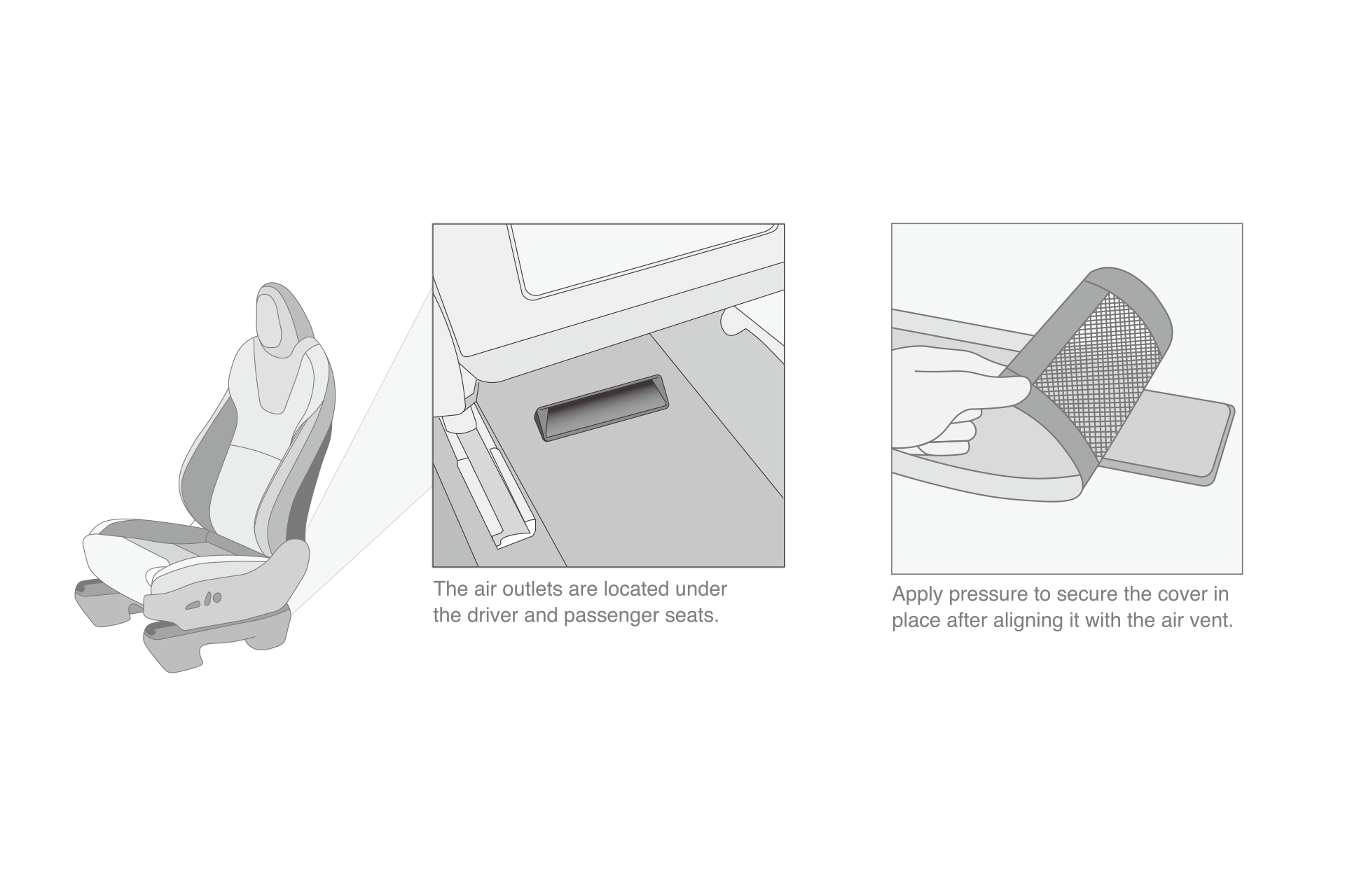 Detailed illustrated instructions demonstrate how to install the JOWUA Rear Under Seat Air Vent Cover on a Tesla Model 3 or Model Y. The guide shows how to align the cover with the vent under the driver and passenger seats and apply pressure for secure attachment. Made from water-resistant fabric, these instructions also feature a drawing indicating the car seat and vent location.
