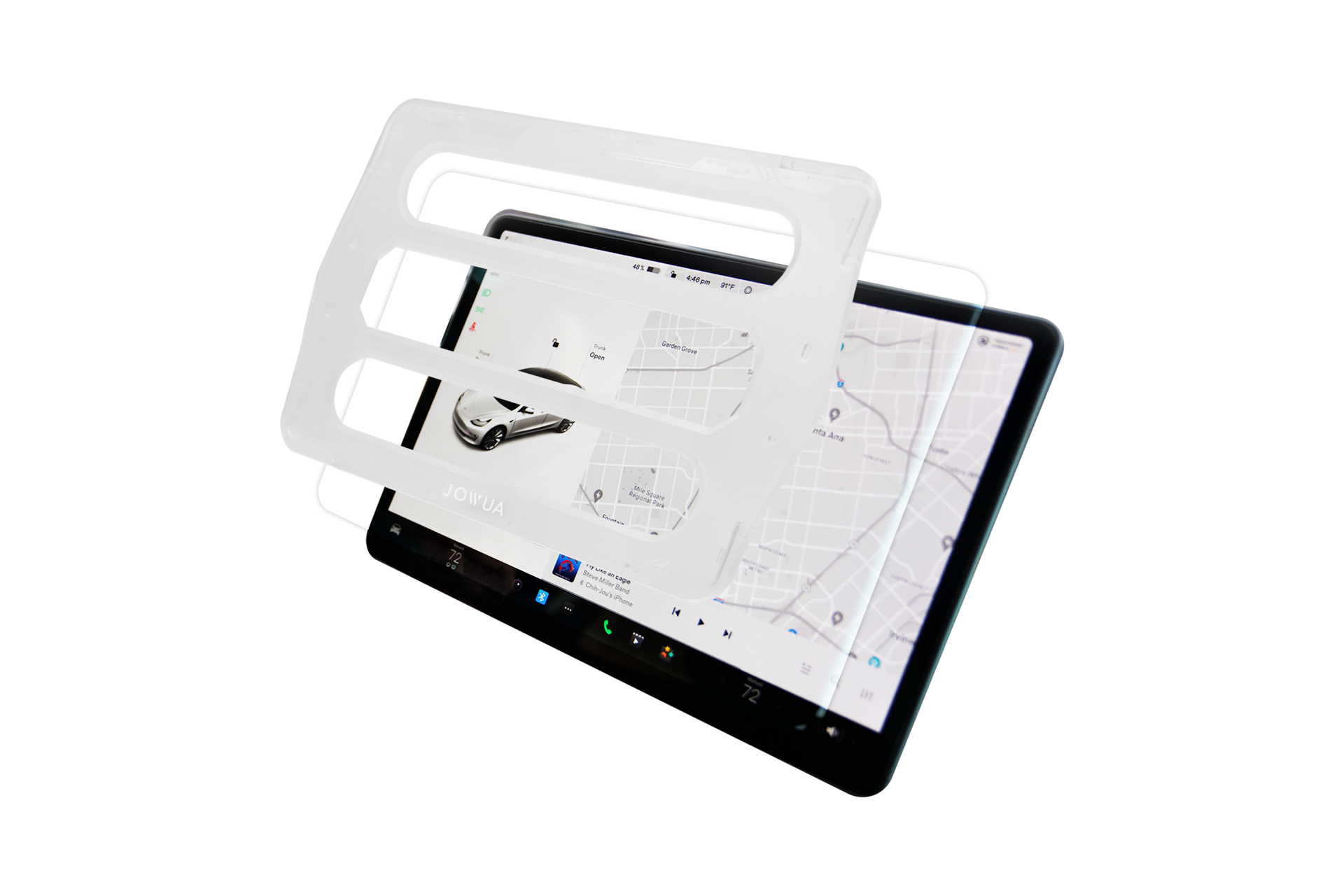 The tablet screen displays a navigation map with the JOWUA Tempered Glass Screen Protector for Tesla Model 3 / Y positioned above it, ready for installation. The display features a car icon and route lines, ensuring sharp visuals while driving.