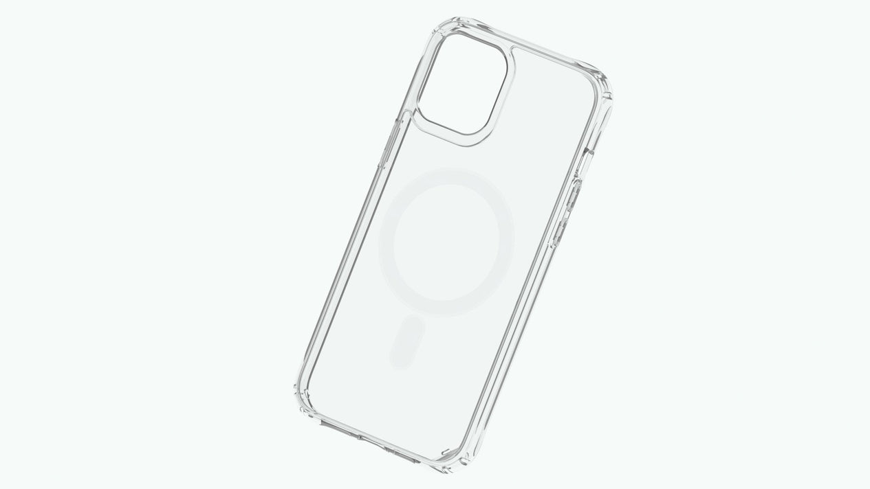 The JOWUA iPhone Case for Tesla Model Y/3 Mount - MagSafe, designed for the iPhone 11/12 Series, is a transparent case that seamlessly integrates with your Tesla. Its MagSafe compatible design ensures easy wireless charging, and it includes a circular magnet area ideal for use with a MagSafe Car Mount, set against a simple white background.